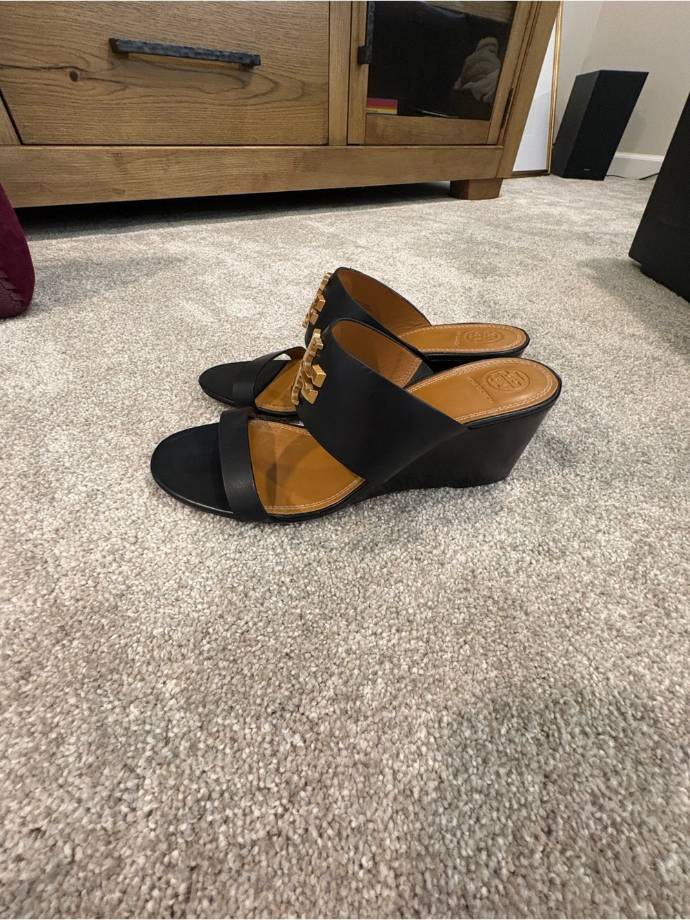 Tory Burch Black Leather Slide Sandals with Gold Logo Medallions - Picture 2 of 5